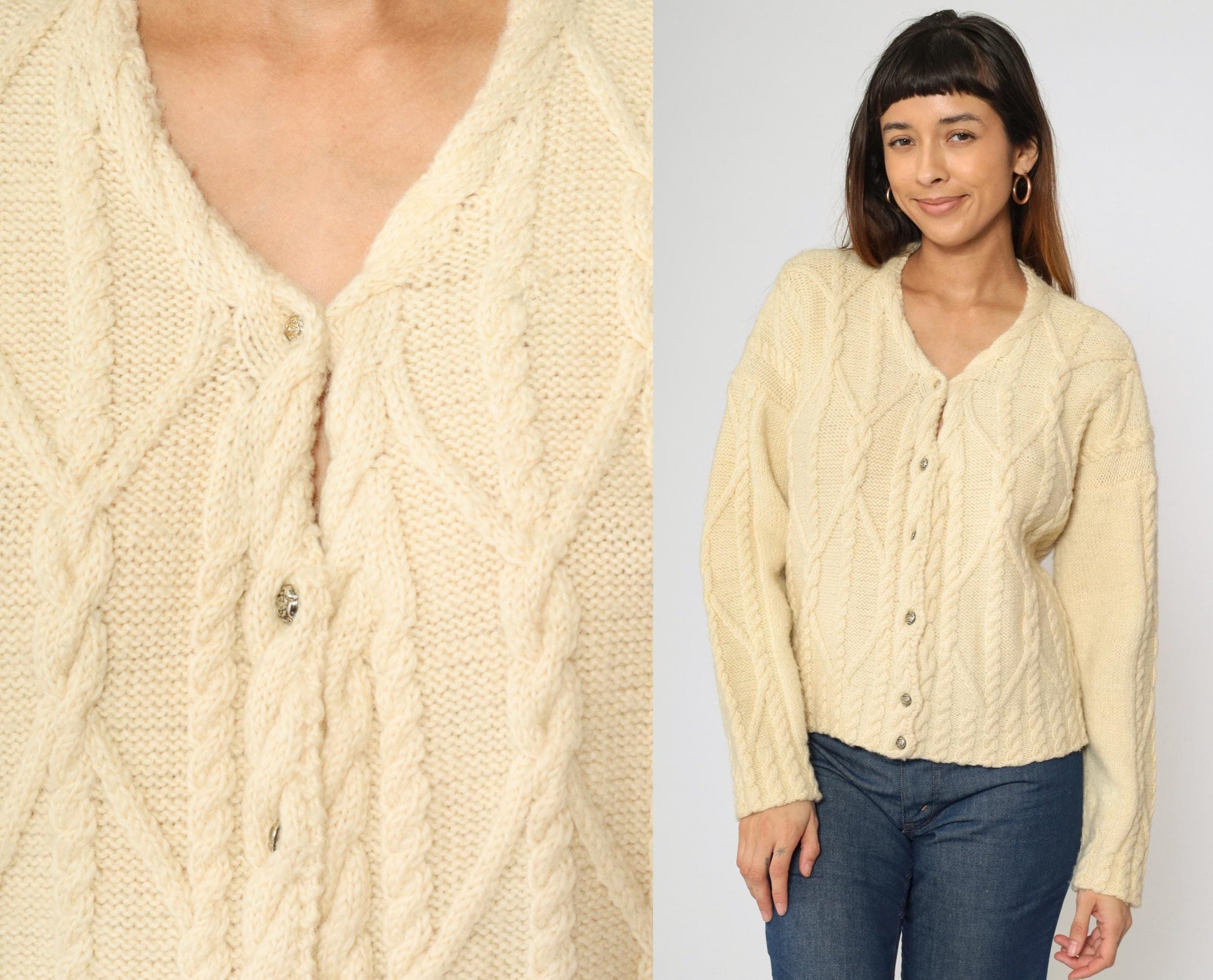 80s Gusto Wool Cable Knit Cardigan Cream Button-Up V-Neck Small