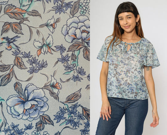 70s Teddi of California Floral Blouse Blue Keyhole Tie Neck Flutter Sleeve Small
