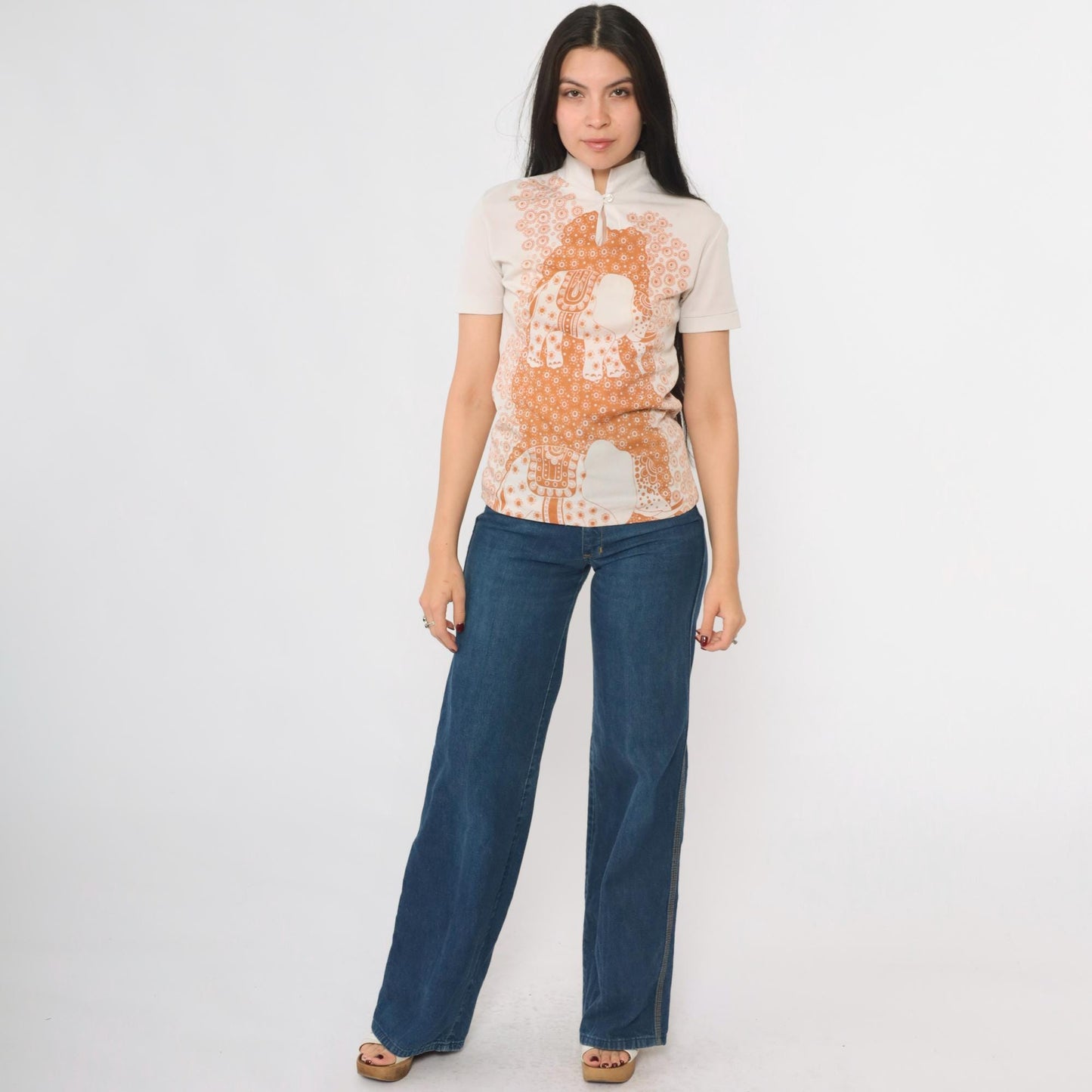 70s Elephant Mandarin Collar Shirt Beige Burnt Orange Print XS