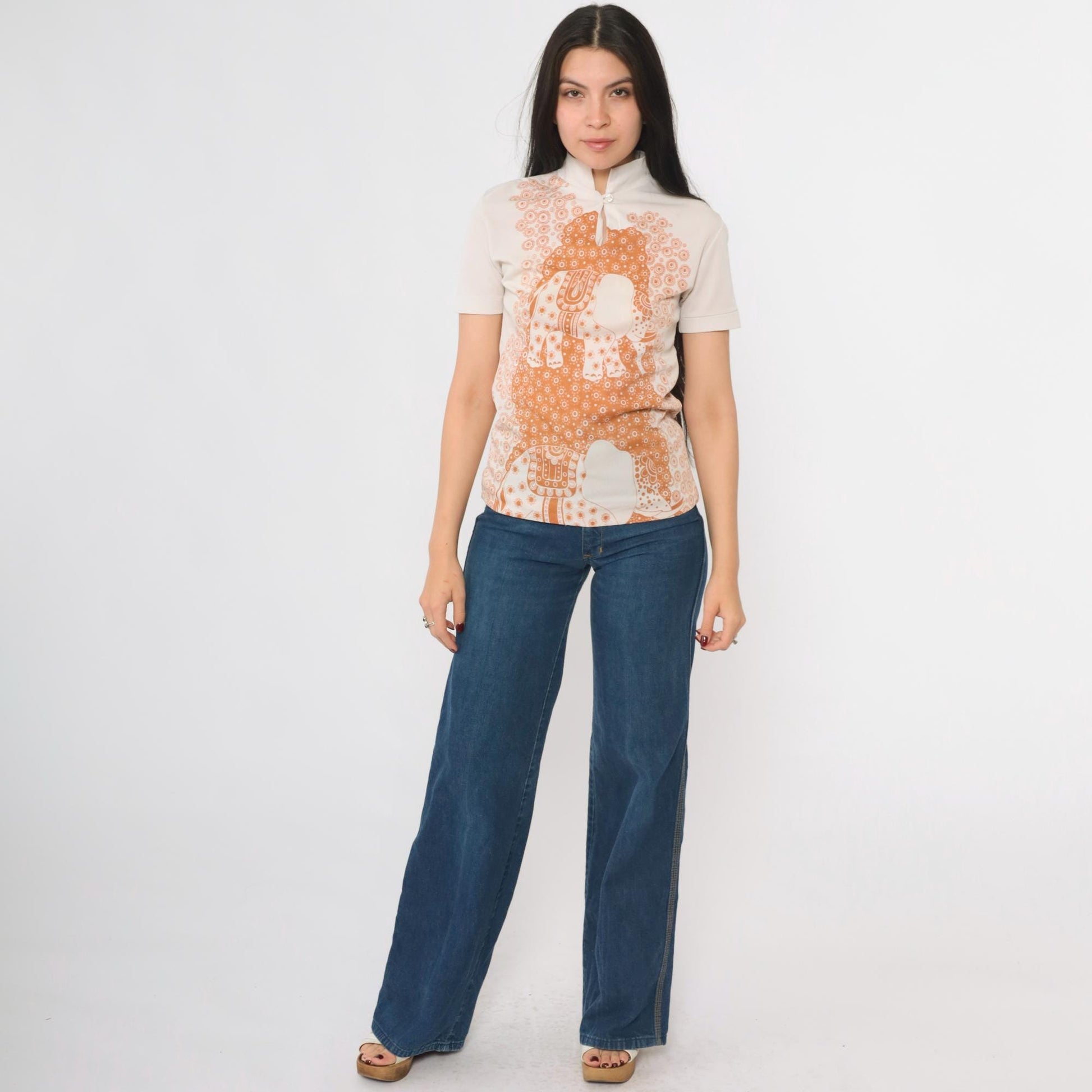 70s Elephant Mandarin Collar Shirt Beige Burnt Orange Print XS