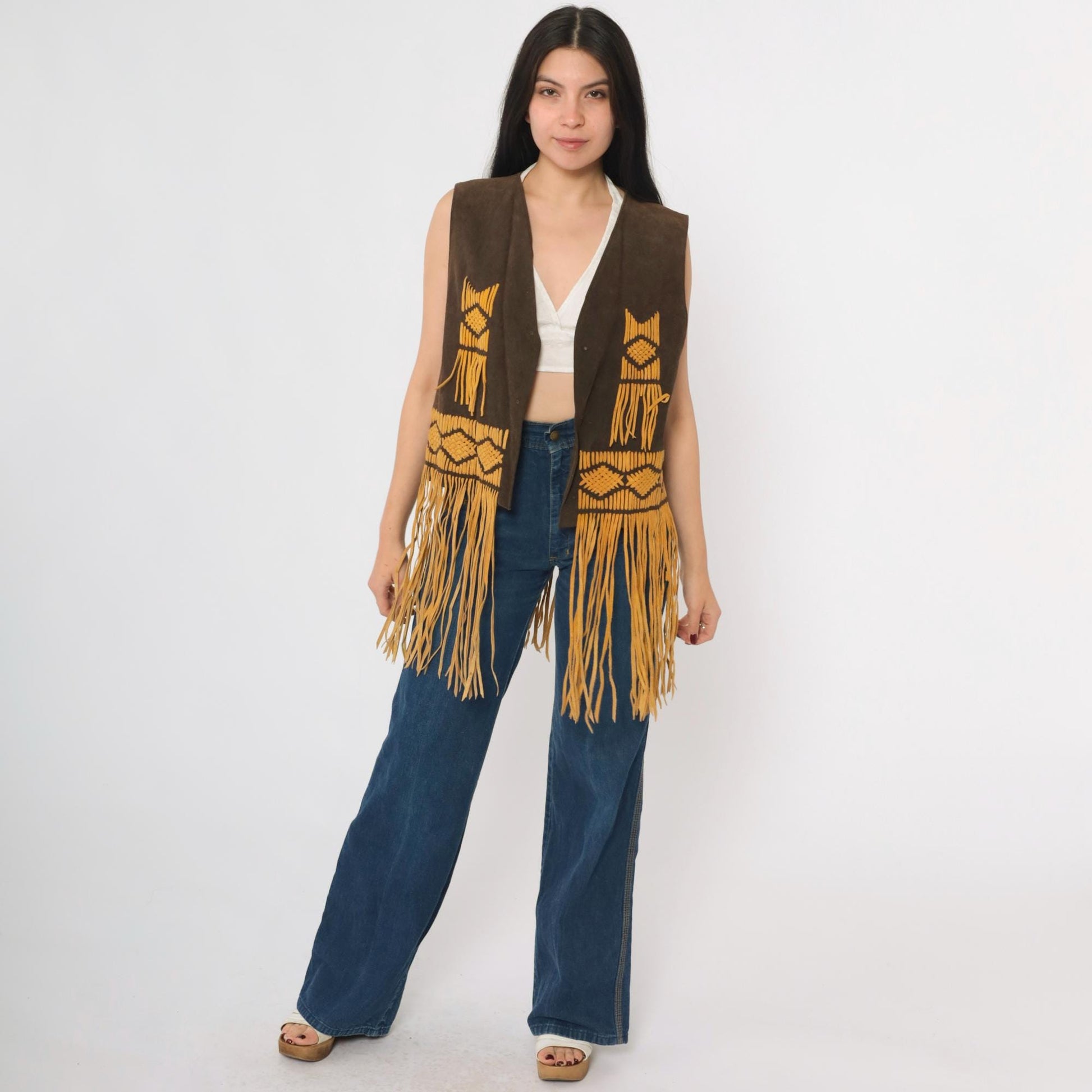 70s Brown Suede Fringe Vest Open Front Tie Sleeveless Medium M