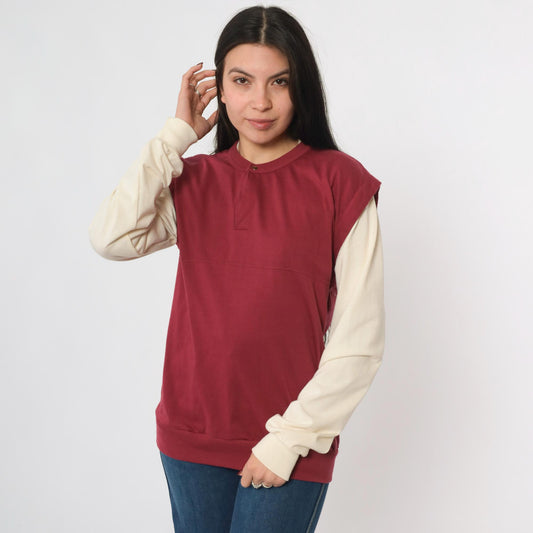 80s Huk-A-Poo Burgundy Cream Snap Neck Sweatshirt Two-Tone Men's Extra Small