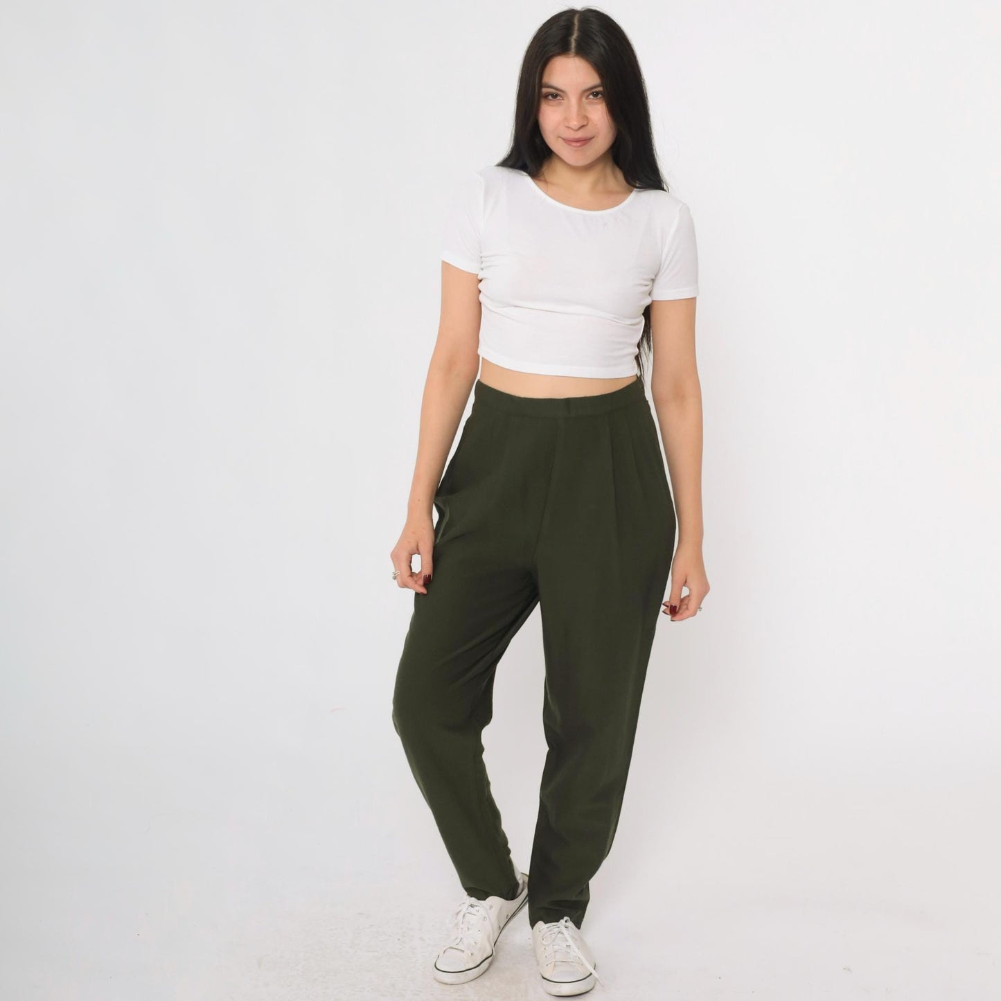 Y2K Lands End Wool Stirrup Trousers Olive Green Pleated High Waist Small 6