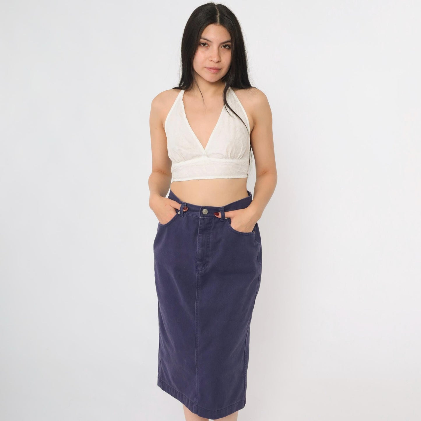 90s Purple Denim Midi Skirt High Waist Pencil Cut Rear Slit Small
