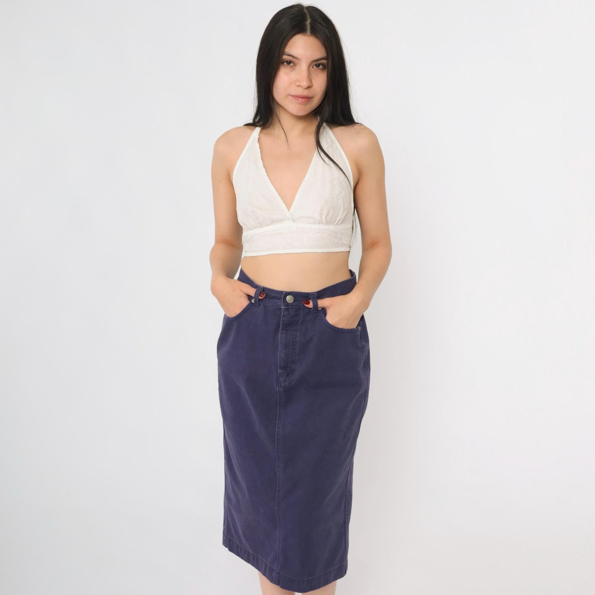 90s Purple Denim Midi Skirt High Waist Pencil Cut Rear Slit Small