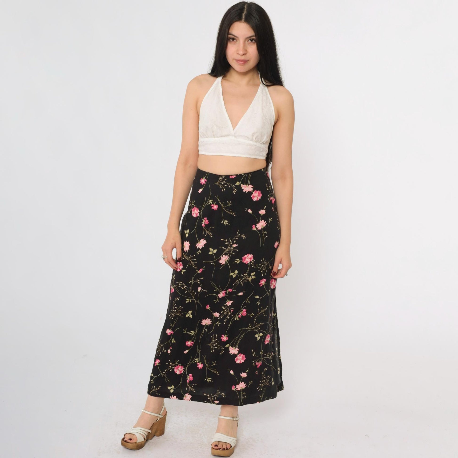90s Black Floral Rayon Skirt High Waist Ankle Length Extra Large XL