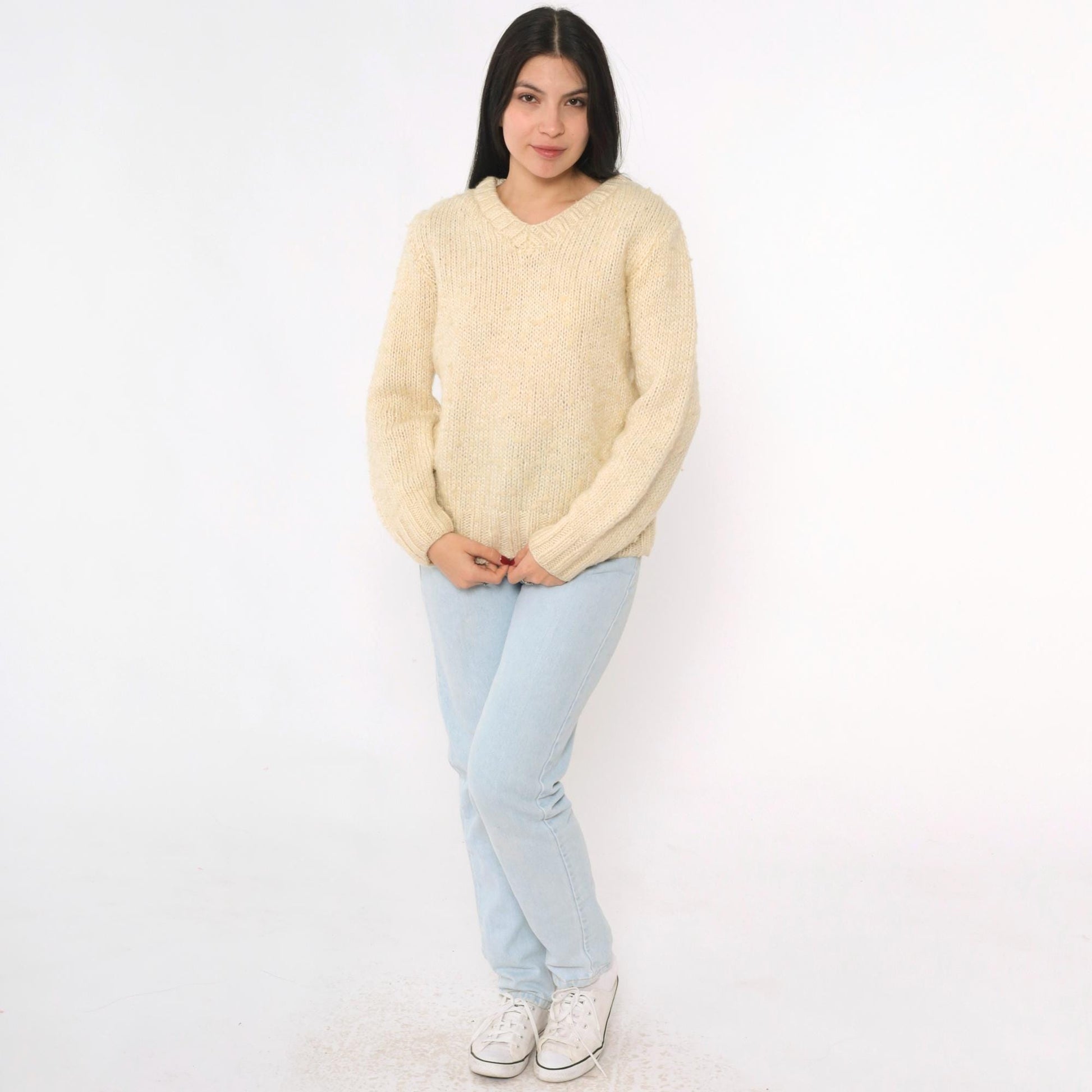 80s Cream Slub Knit V-Neck Sweater Pullover Medium M