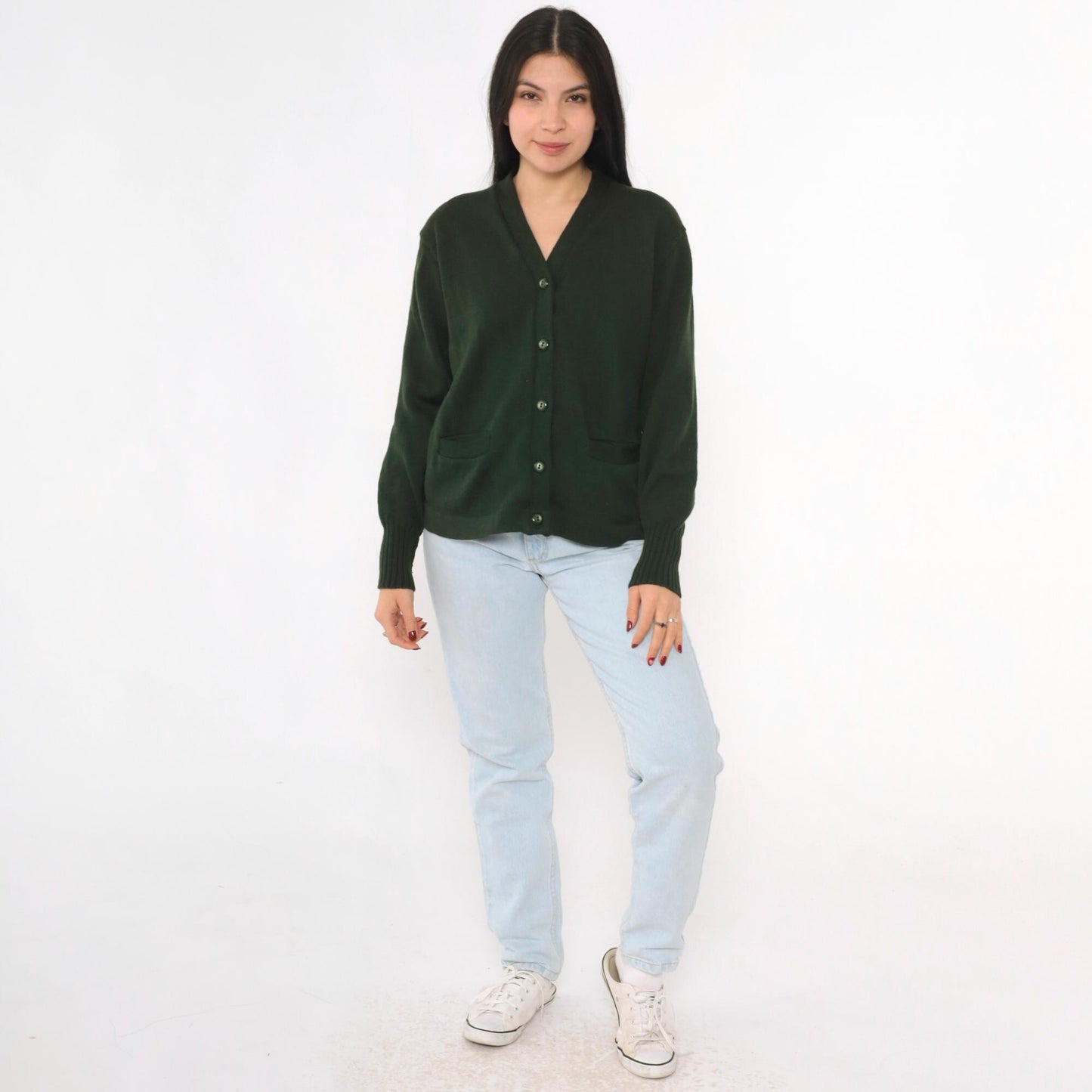 1960s Albion Knit Dark Green Wool Cardigan Button-Up Medium M