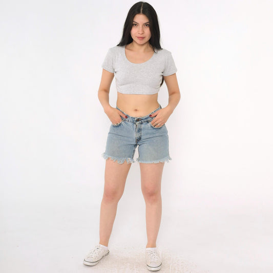 90s Levi's 550 Blue Denim Cutoff Shorts Low Rise Frayed Small