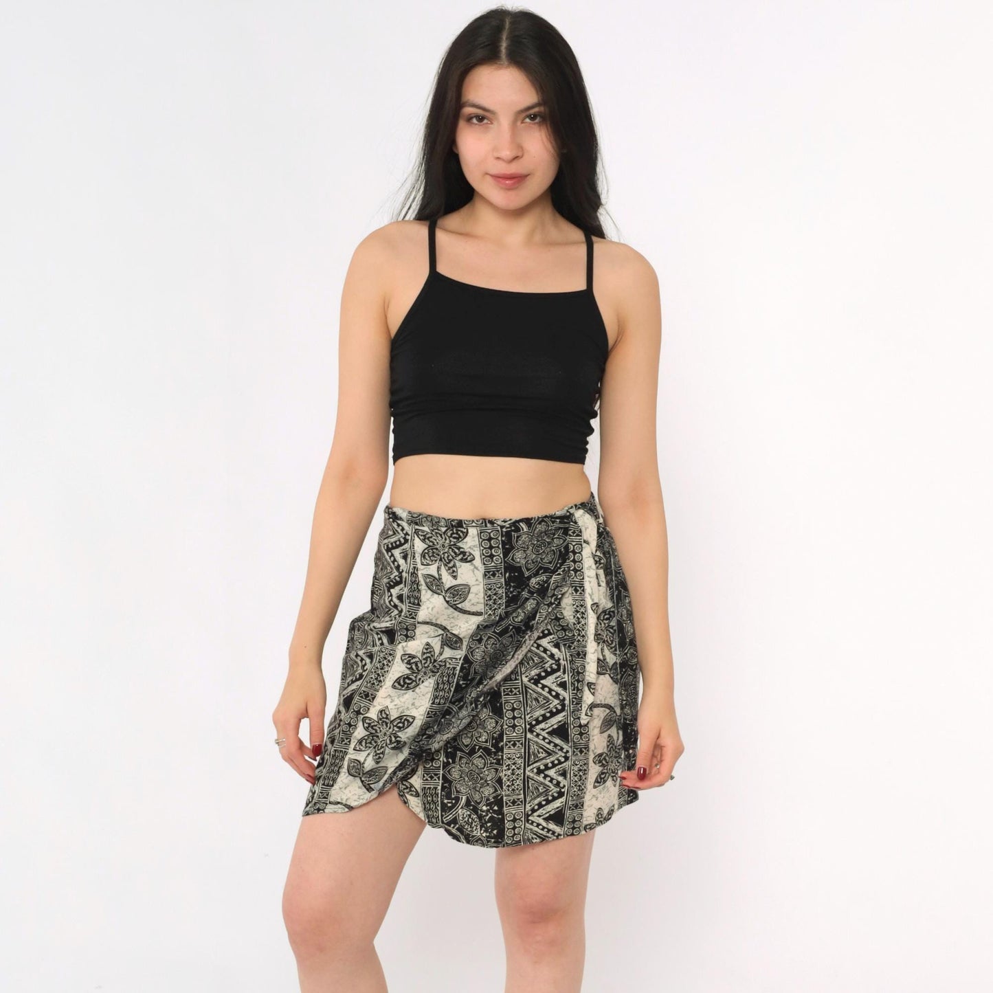 90s Streetusfar Floral Wrap Skirt Black White Striped Mini XS