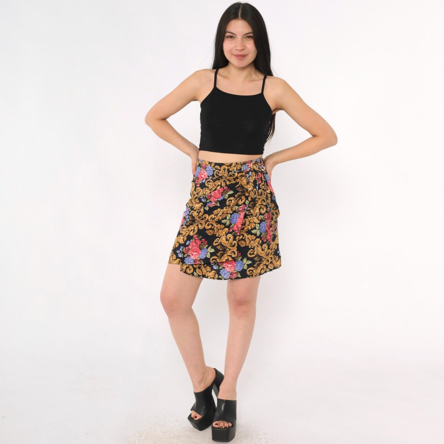 90s Baroque Floral Wrap Mini Skirt Black Gold Pink High Waisted XS