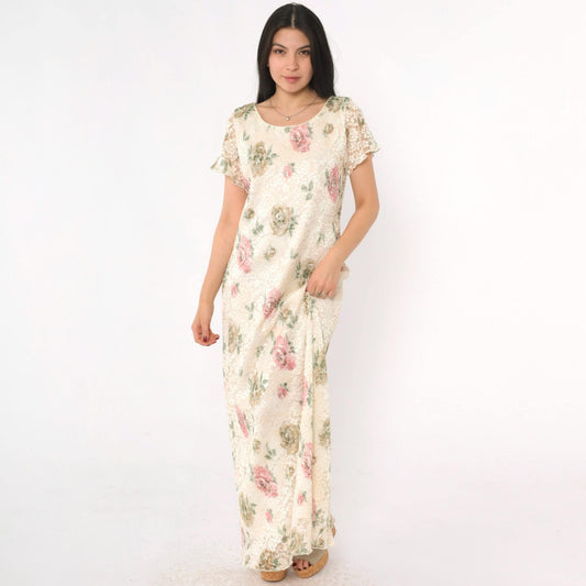 90s Ronni Nicole Cream Lace Maxi Dress Floral Print Short Sleeve Medium