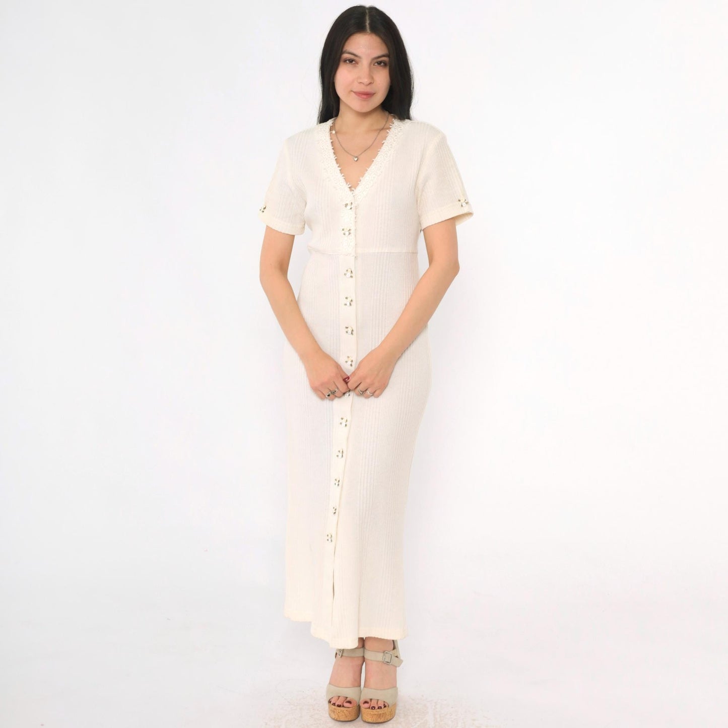 90s Ivory Ribbed Rosette Maxi Dress Button Front Lace Trim V-Neck Small S