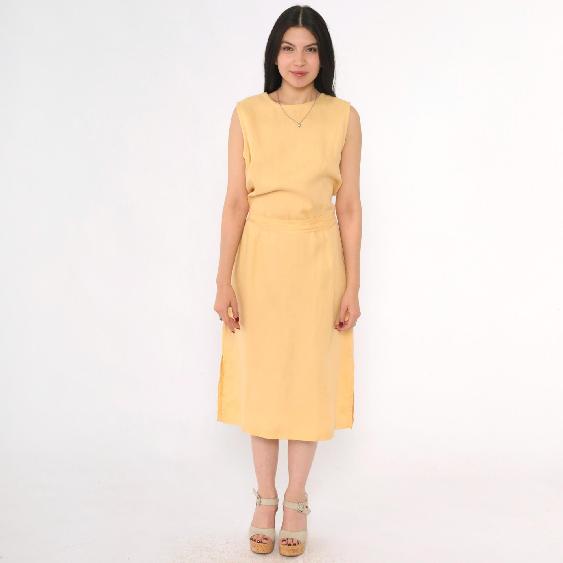 90s Rafaella Yellow Linen Midi Dress Button Back Sleeveless Medium 10