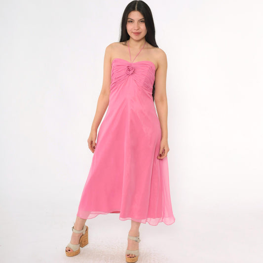 80s Pink Chiffon Midi Dress Strapless Boned Bodice Rosette Halter Medium 8