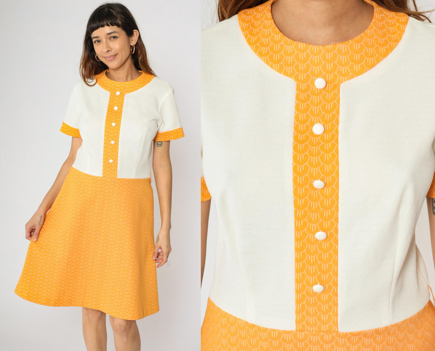 1960s Mod A-Line Dress Orange White Geometric Knee Length Short Sleeve Medium M
