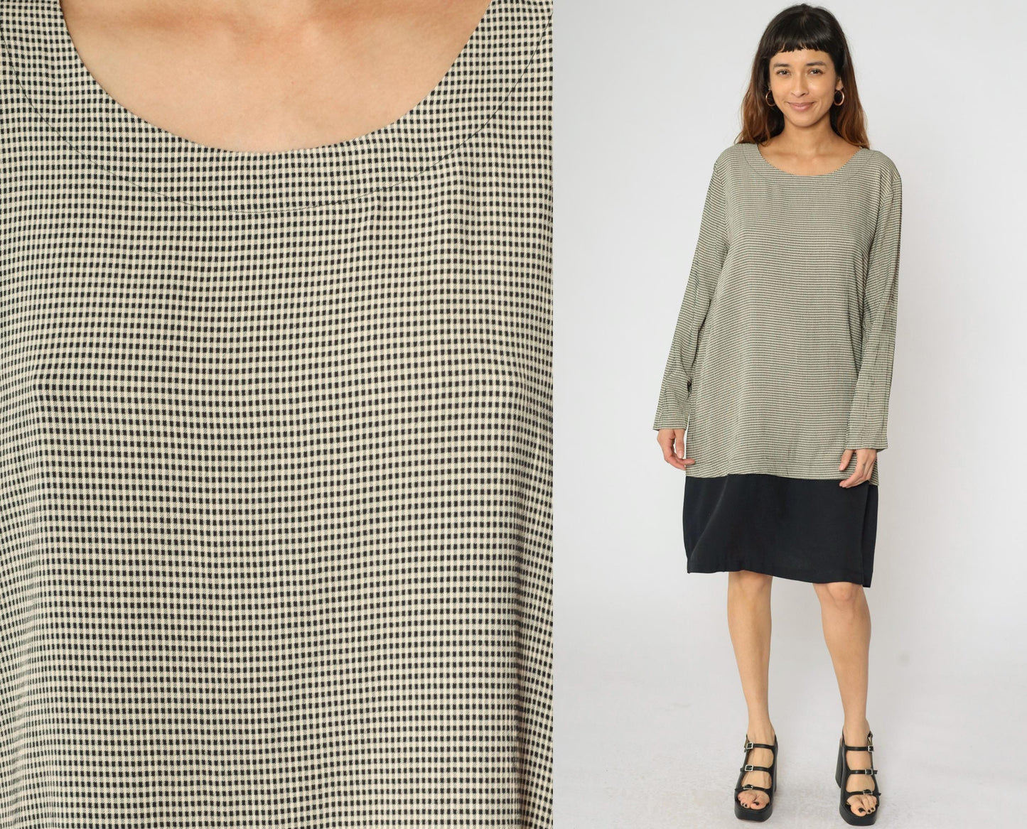 90s Black Cream Gingham Shift Dress Knee Length Gold Buttons Large L