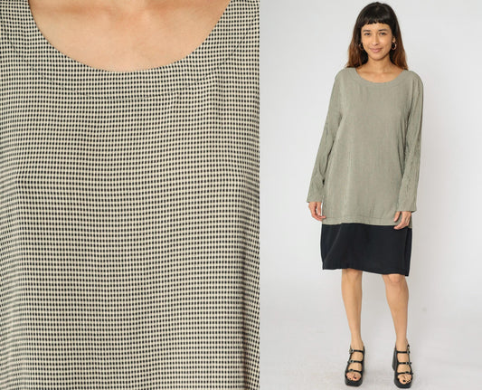 90s Black Cream Gingham Shift Dress Knee Length Gold Buttons Large L
