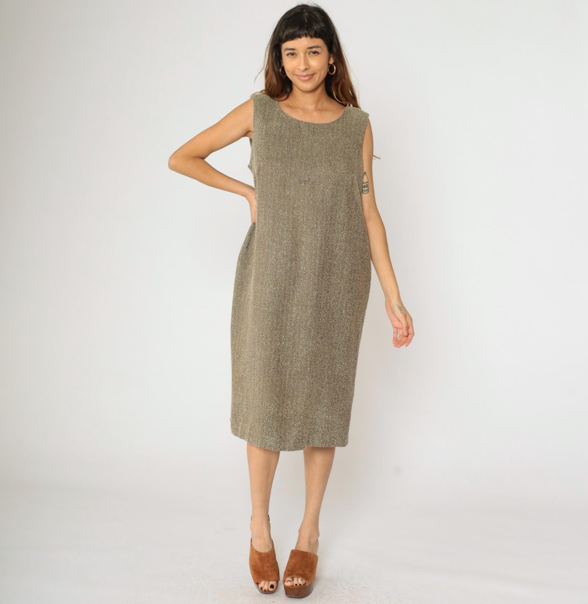 Y2K Leslie Fay Brown Herringbone Midi Dress Sleeveless Sheath Plus Size 14W
