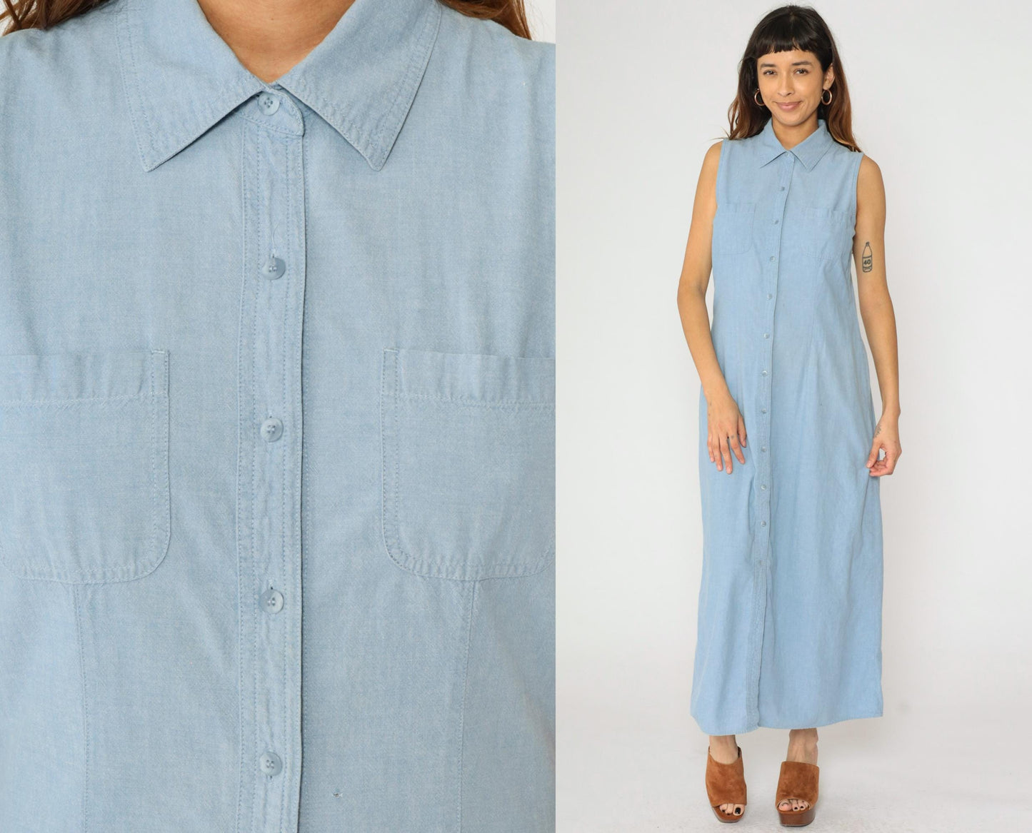 90s Blue Chambray Button-Up Midi Dress Sleeveless Collared A-Line Small S