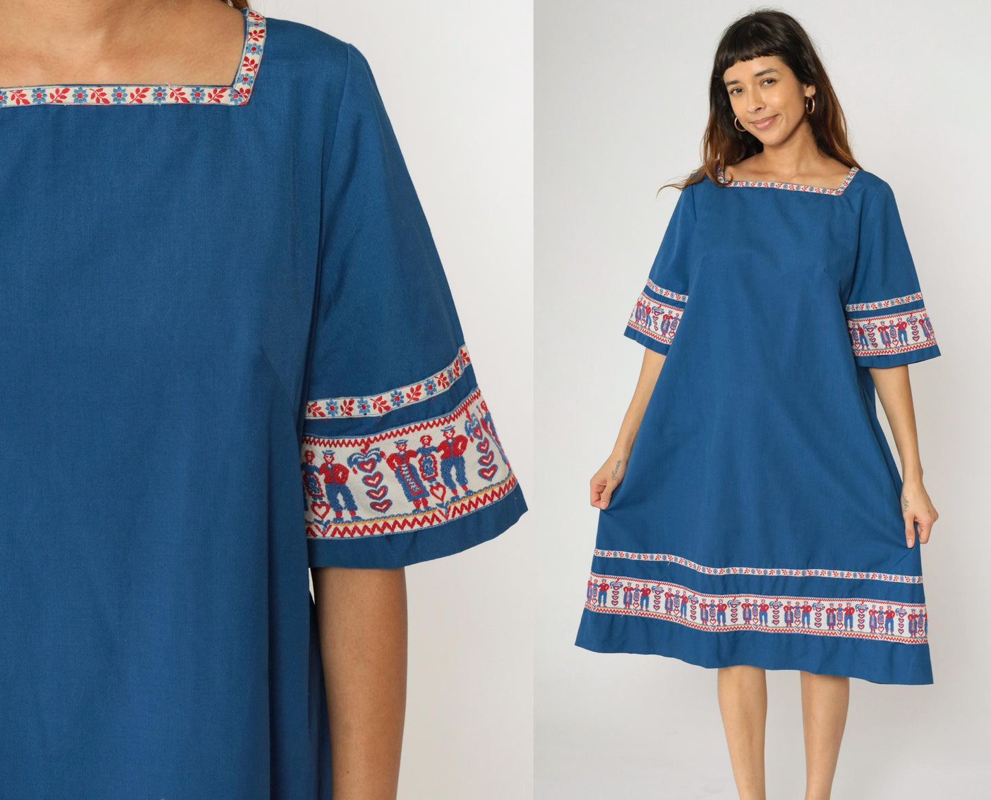 1970s Austrian Folk Embroidered Shift Dress Blue Midi Bell Sleeve Medium Large