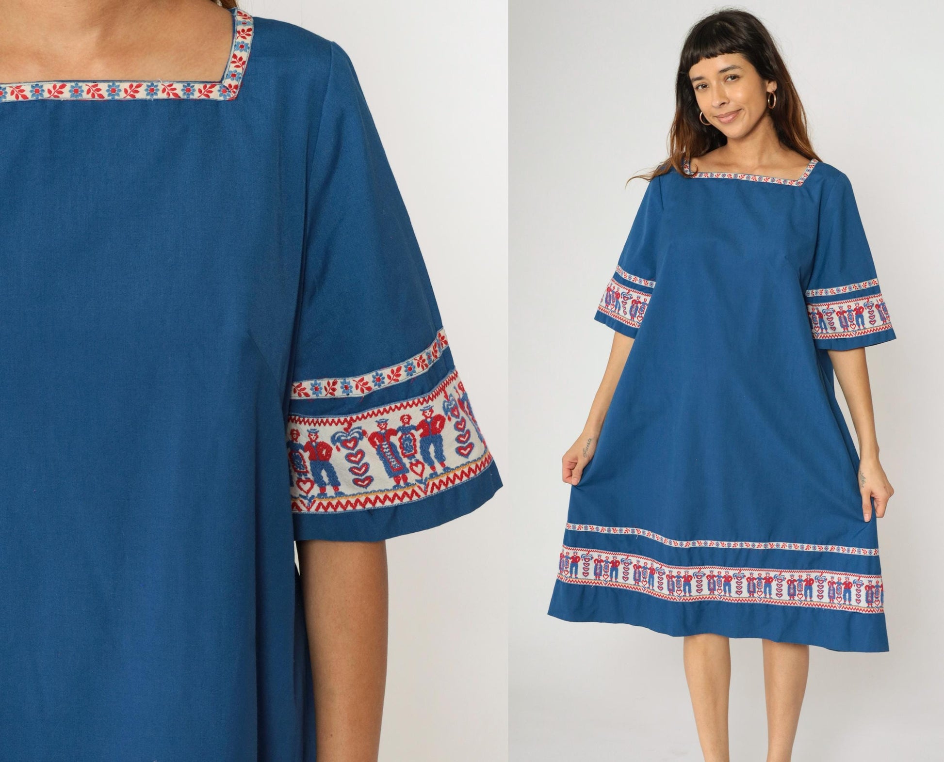 1970s Austrian Folk Embroidered Shift Dress Blue Midi Bell Sleeve Medium Large