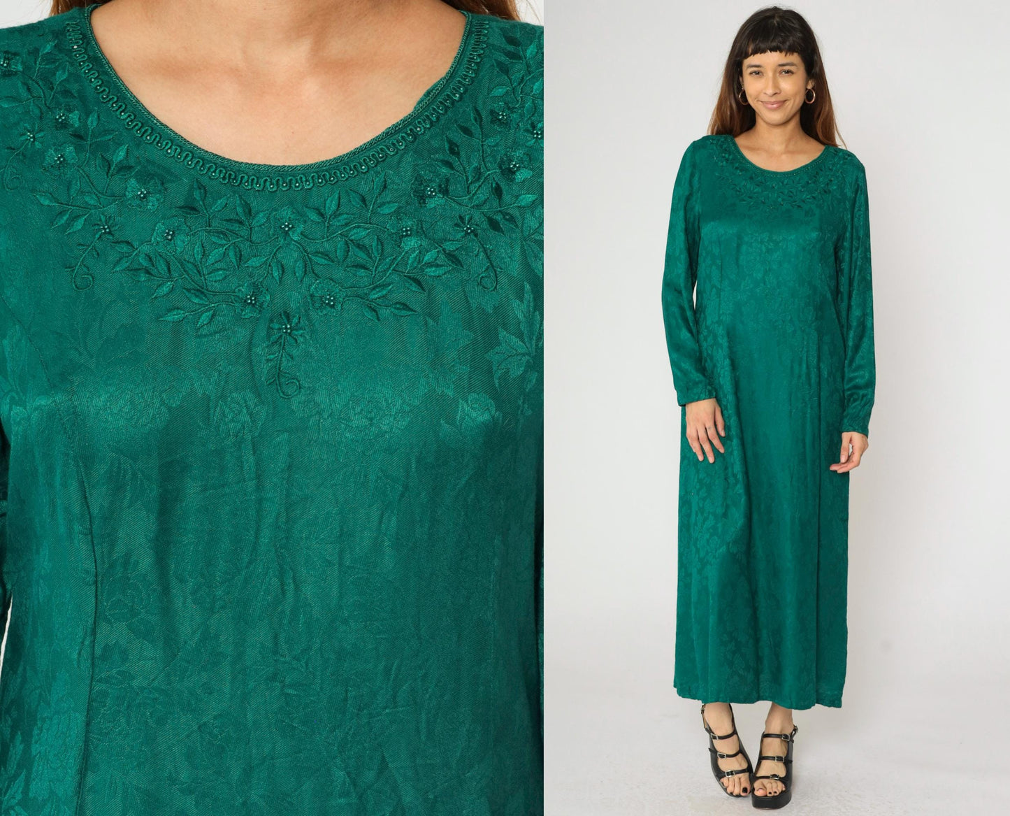 90s Sarah Elizabeth Green Floral Jacquard Maxi Dress Beaded Embroidered Medium 8