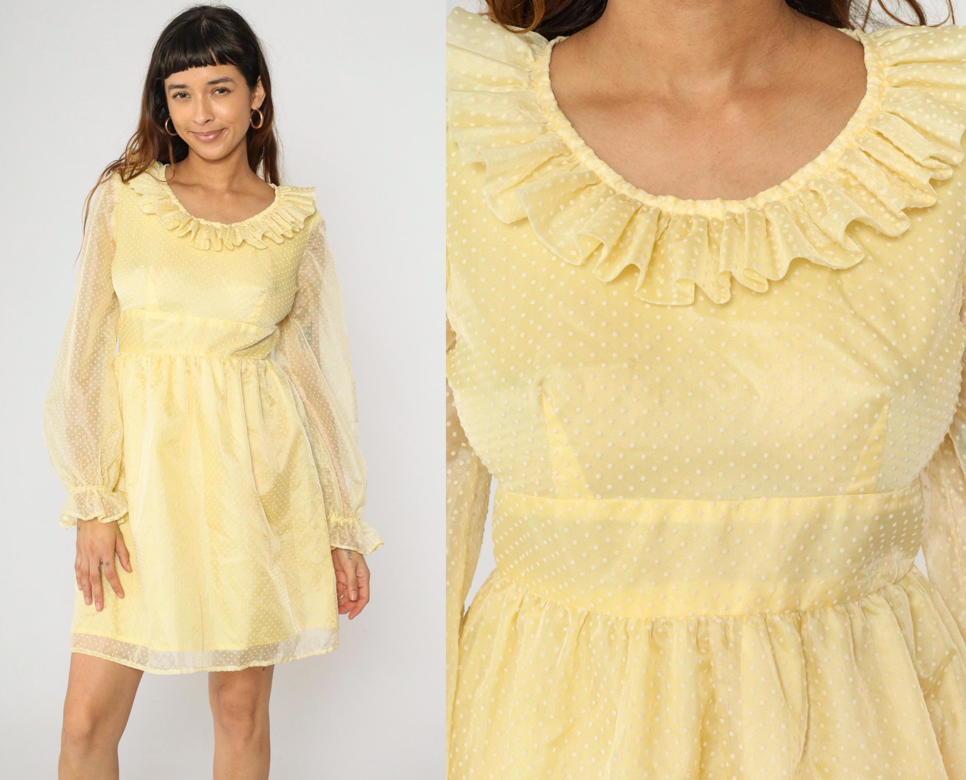 70s Yellow Swiss Dot Organza Mini Dress Empire Waist Ruffle Neckline Small