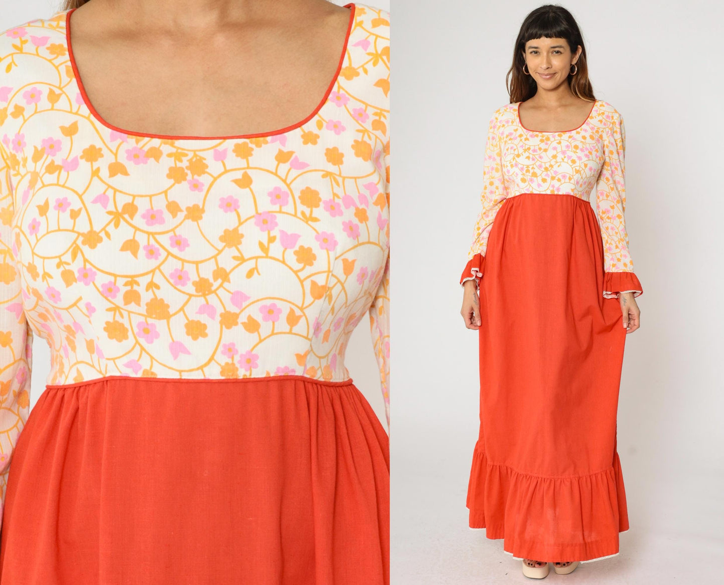 70s Floral Maxi Dress Puff Sleeve High Waist Orange White Prairie Medium