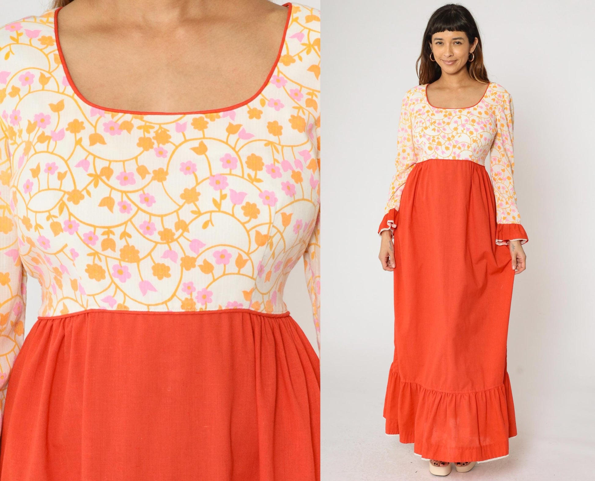 70s Floral Maxi Dress Puff Sleeve High Waist Orange White Prairie Medium