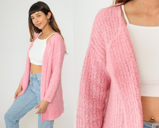 80s Pink Ribbed Knit Cardigan Open Front Wrap Sweater Medium Large