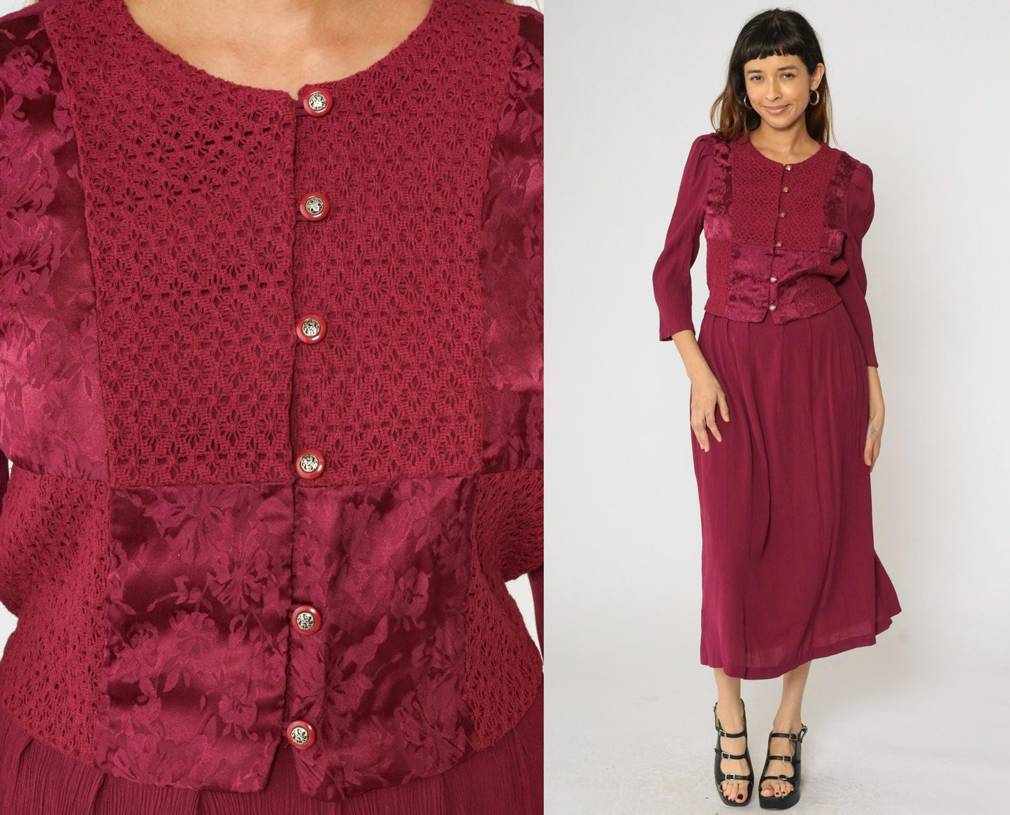 90s Miss Dorby Raspberry Floral Jacquard Midi Dress Puff Sleeve Button Up Medium