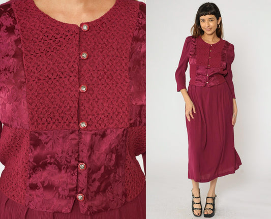 90s Miss Dorby Raspberry Floral Jacquard Midi Dress Puff Sleeve Button Up Medium