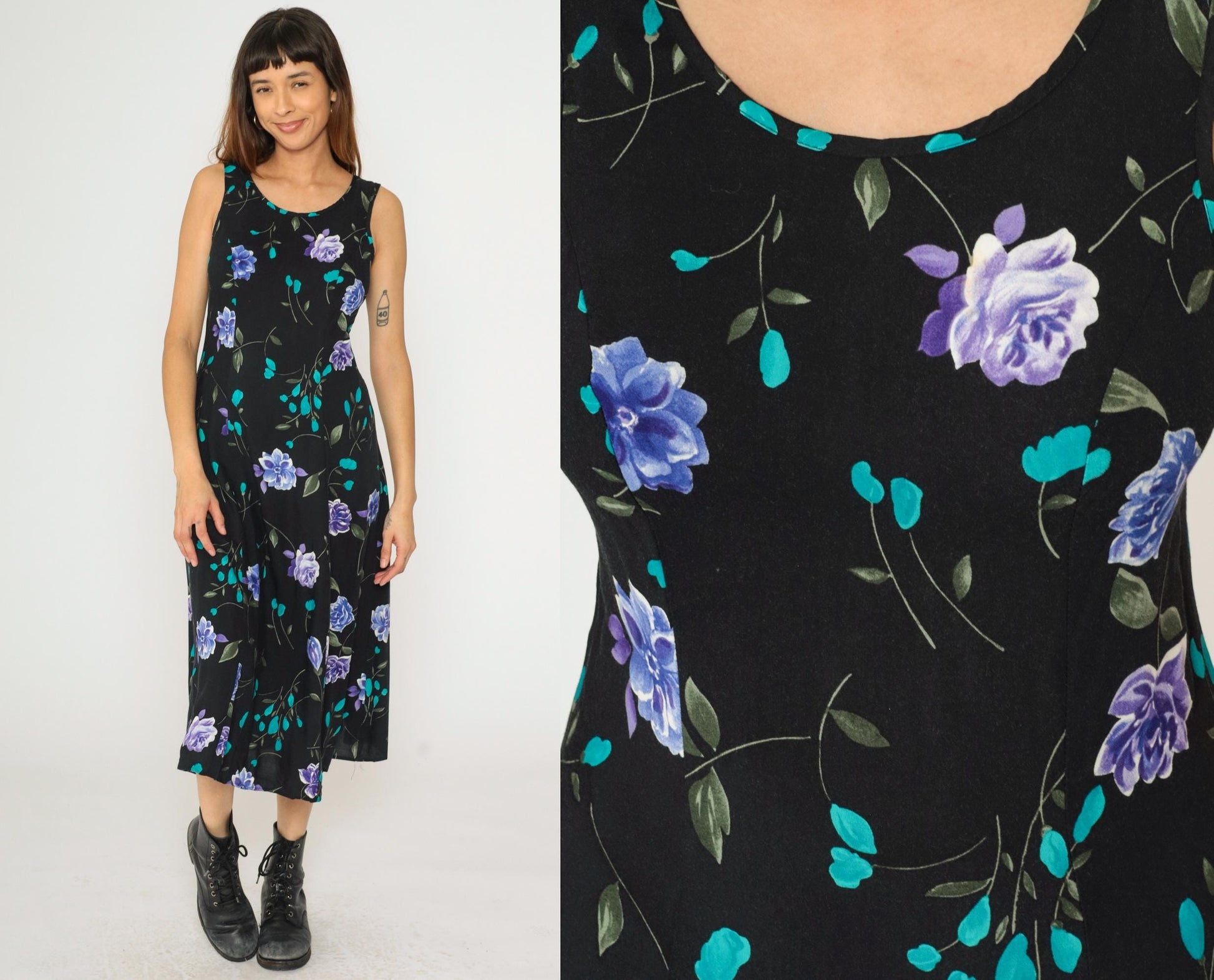 90s Black Floral Midi Dress A-Line Sleeveless Princess Seam Small
