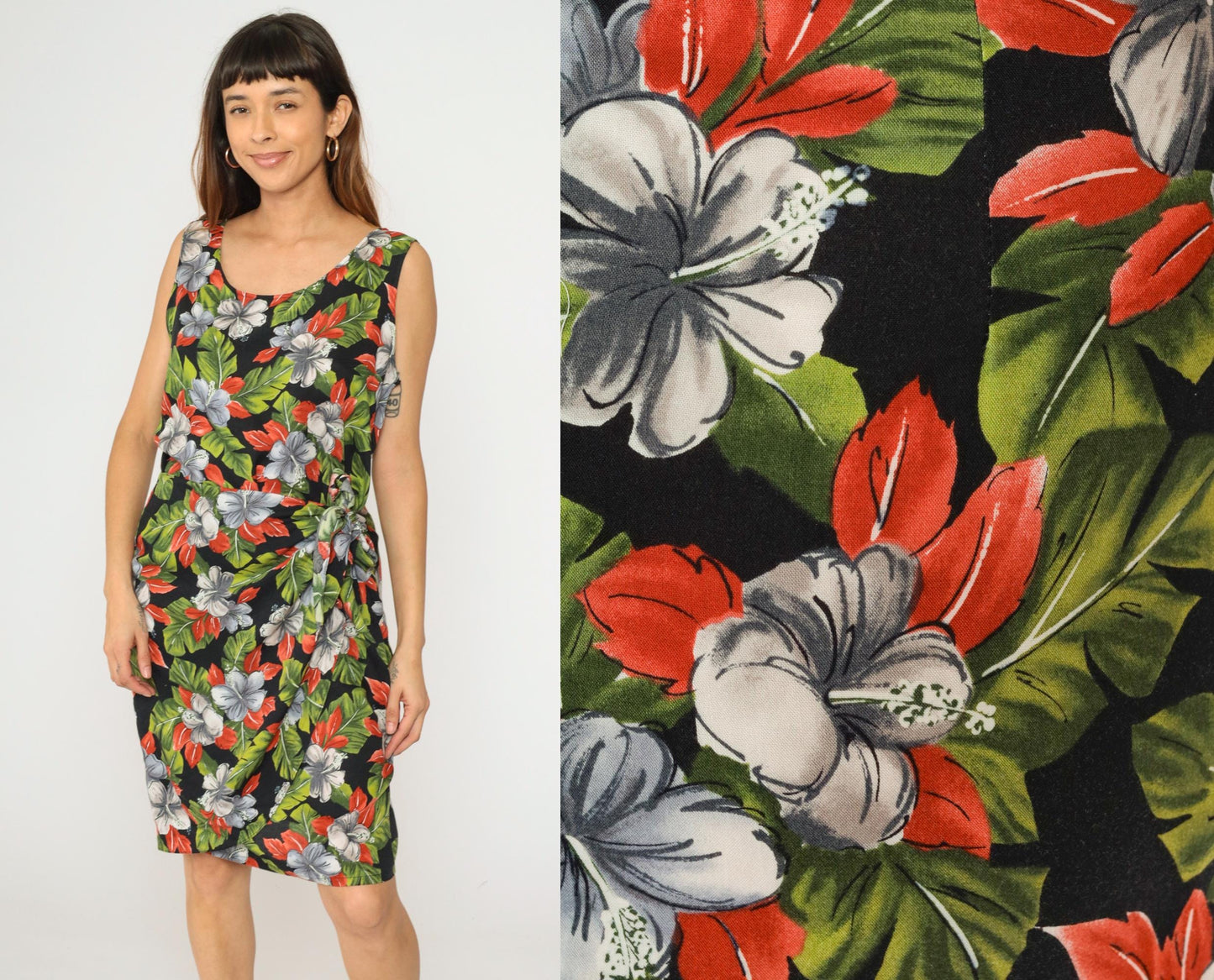 90s Hilo Hattie Hawaiian Floral Mini Dress Black Sleeveless Wrap Skirt Medium
