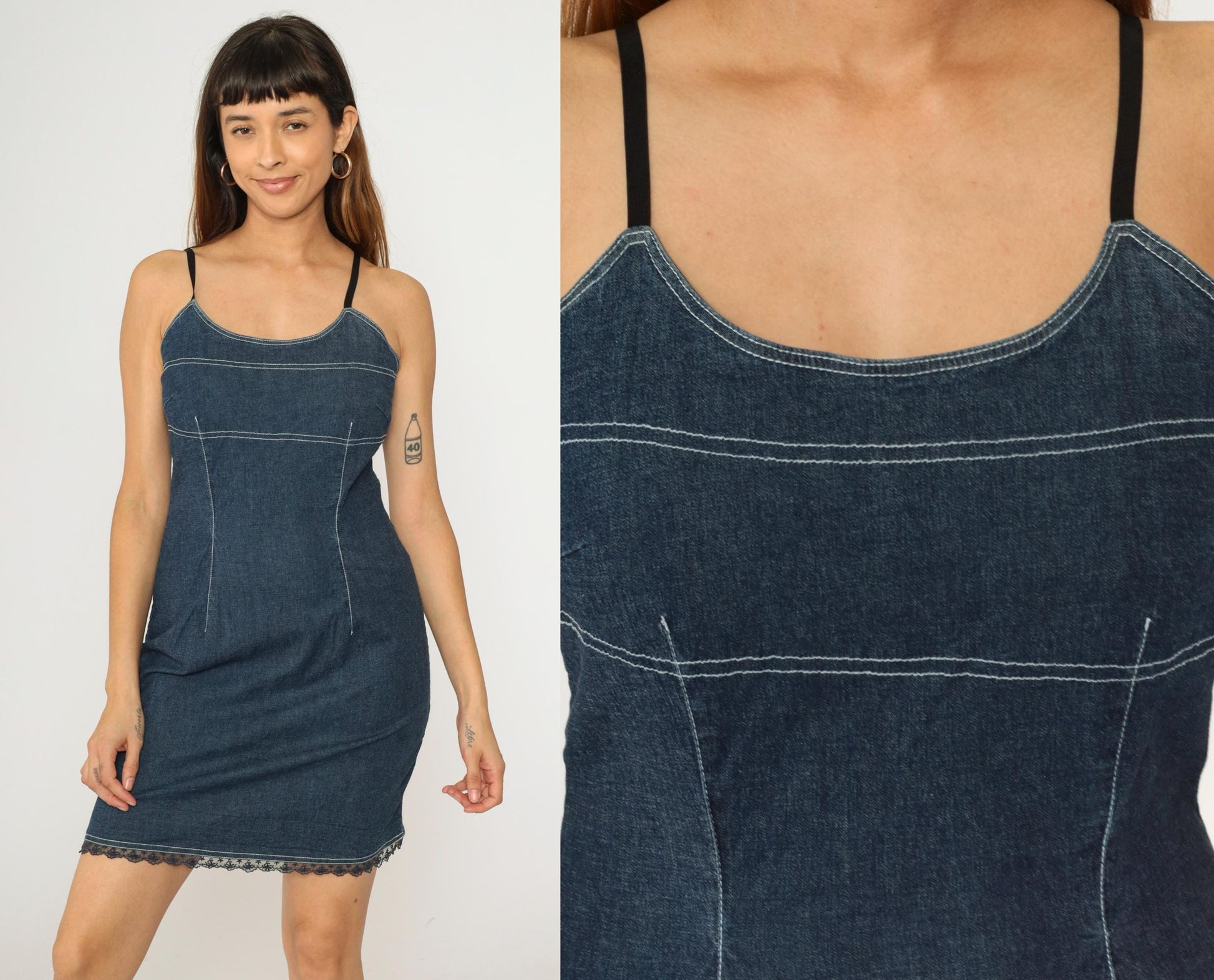 90s Blue Denim Mini Dress Spaghetti Strap Bodycon Sheath Medium