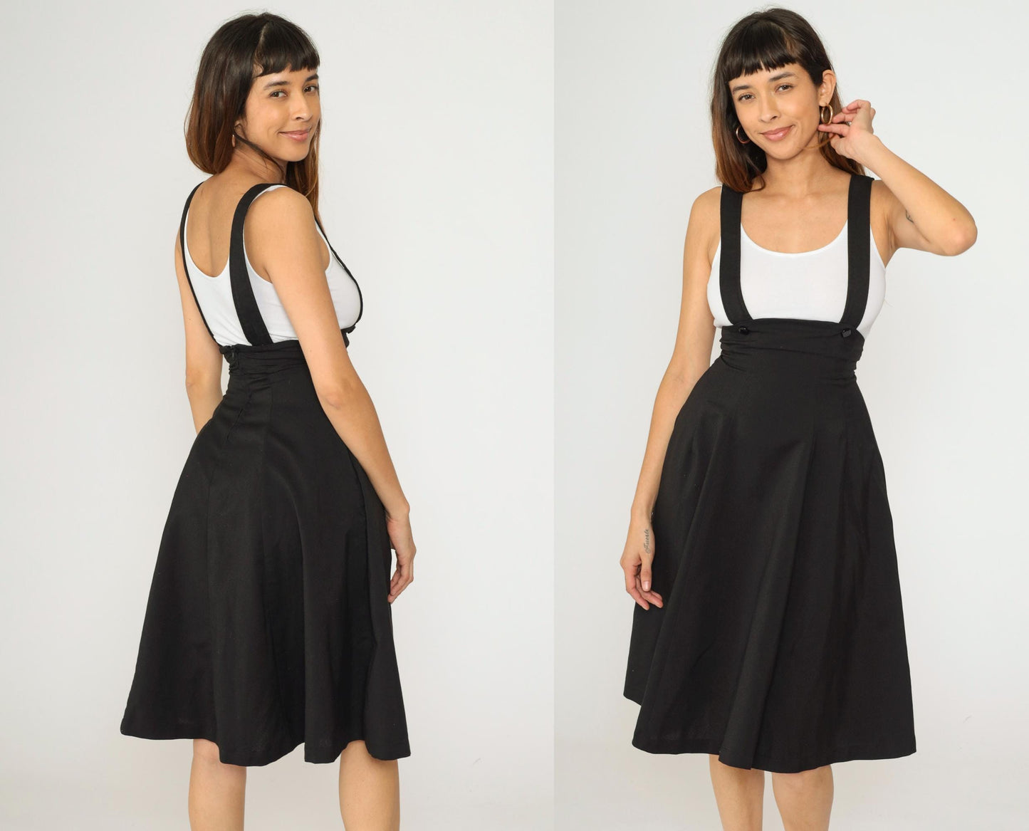 Y2K Black A-Line Midi Skirt with Suspender Straps High Waist 00s Extra Small