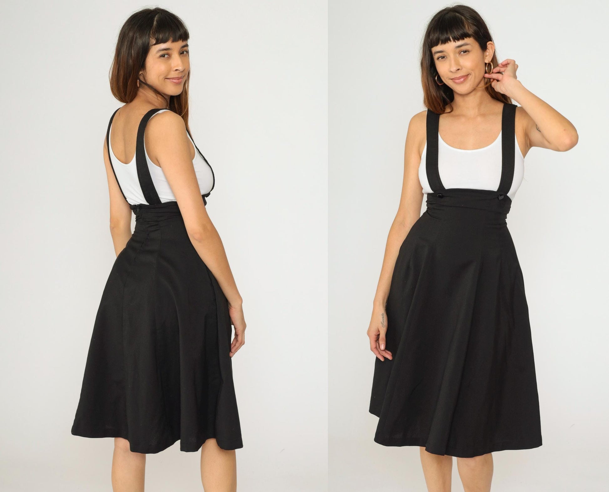Y2K Black A-Line Midi Skirt with Suspender Straps High Waist 00s Extra Small