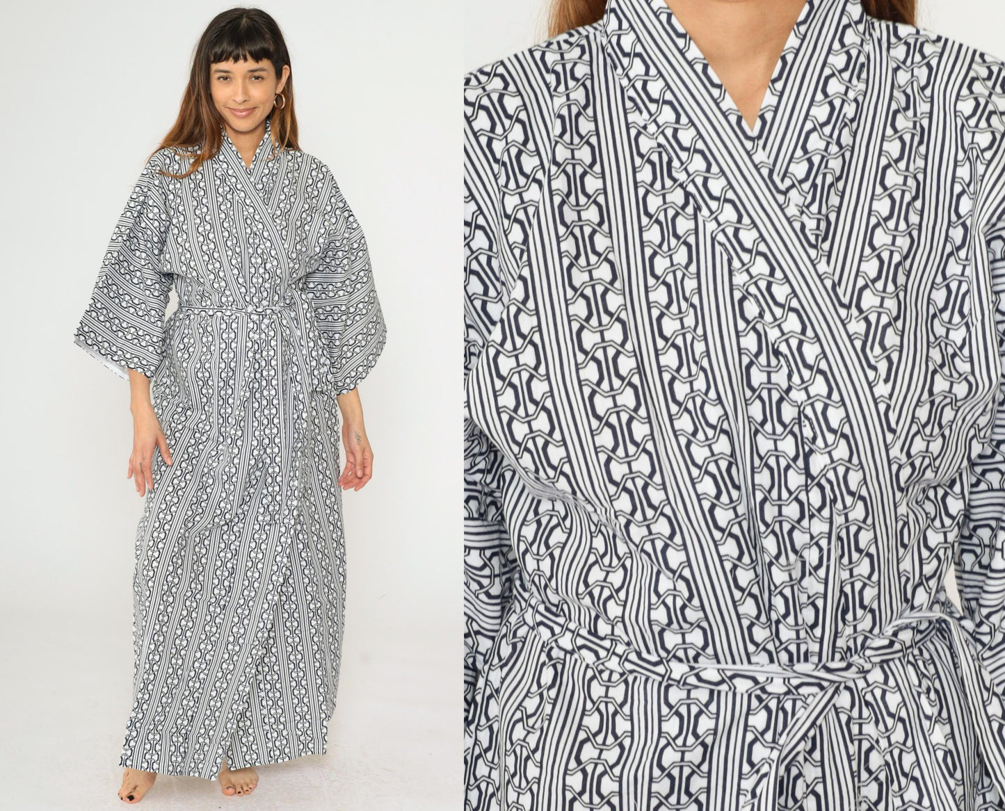 70s Kimono Maxi Robe White Blue Geometric Striped Print Open Front Medium Large