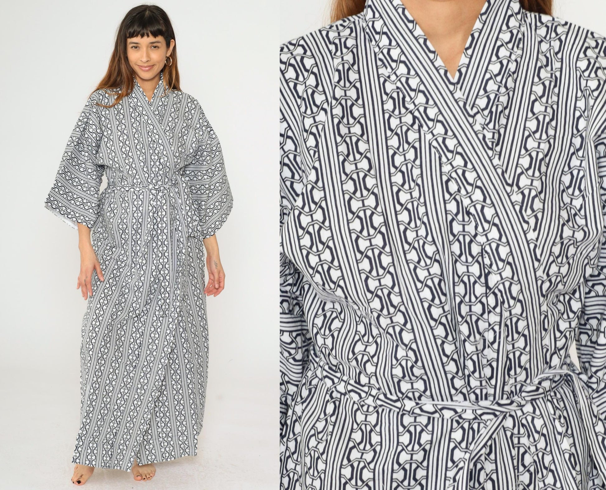 70s Kimono Maxi Robe White Blue Geometric Striped Print Open Front Medium Large