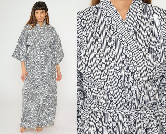 70s Kimono Maxi Robe White Blue Geometric Striped Print Open Front Medium Large