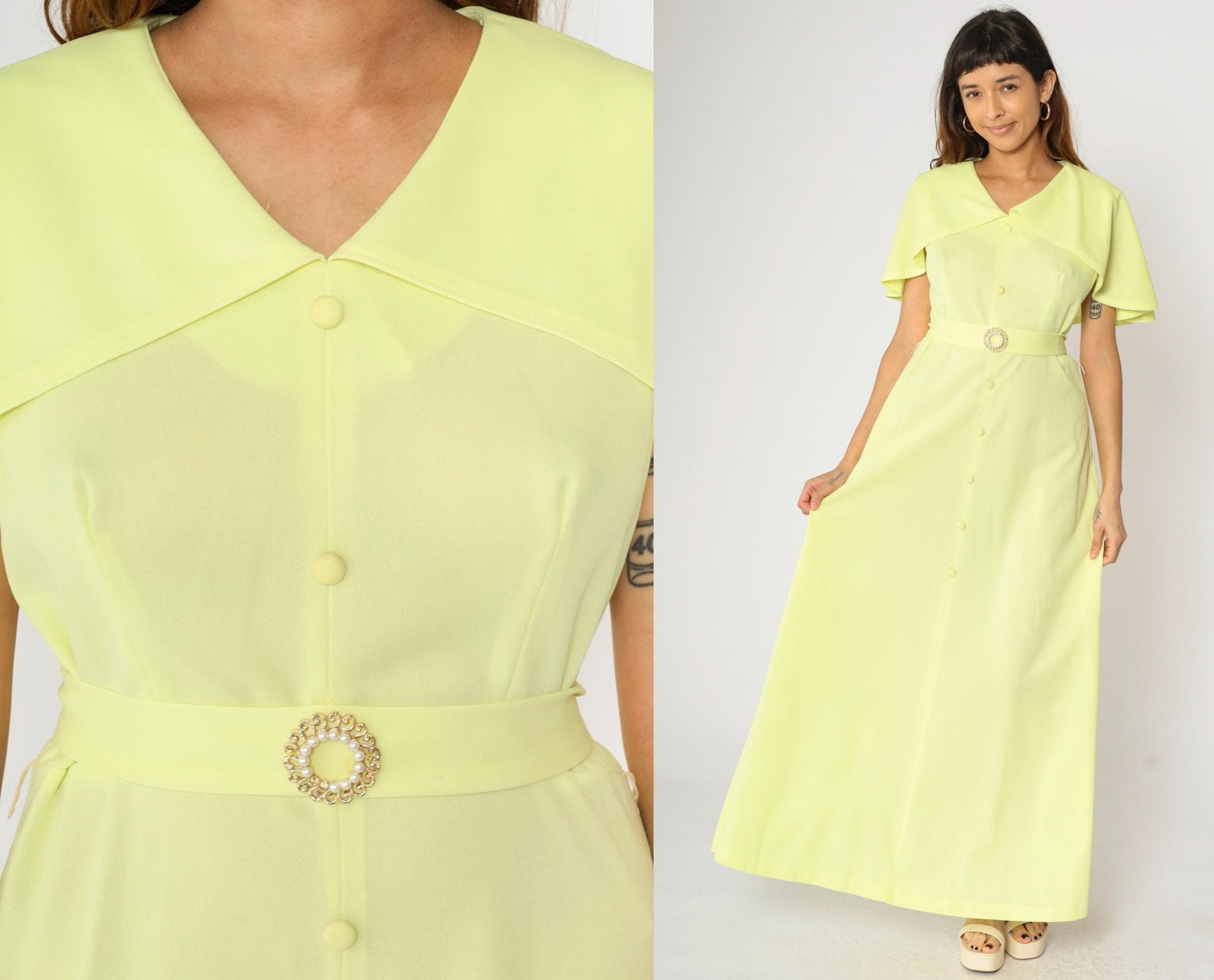 70s Yellow Maxi Dress Capelet Ruffle V-Neck Belted Pearl Buckle Large L