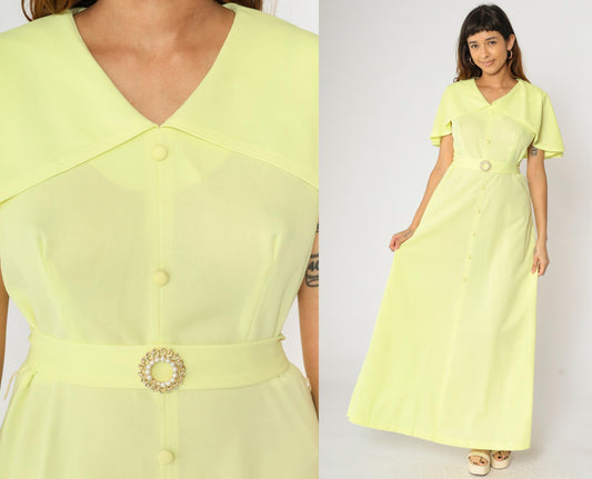 70s Yellow Maxi Dress Capelet Ruffle V-Neck Belted Pearl Buckle Large L