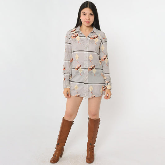70s Huk-A-Poo Kite Print Button Up Shirt Grey Pointed Collar Medium