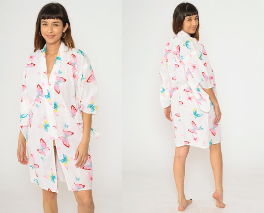 70s Butterfly Kimono Robe White Open Front Half-Sleeve Dressing Gown Small