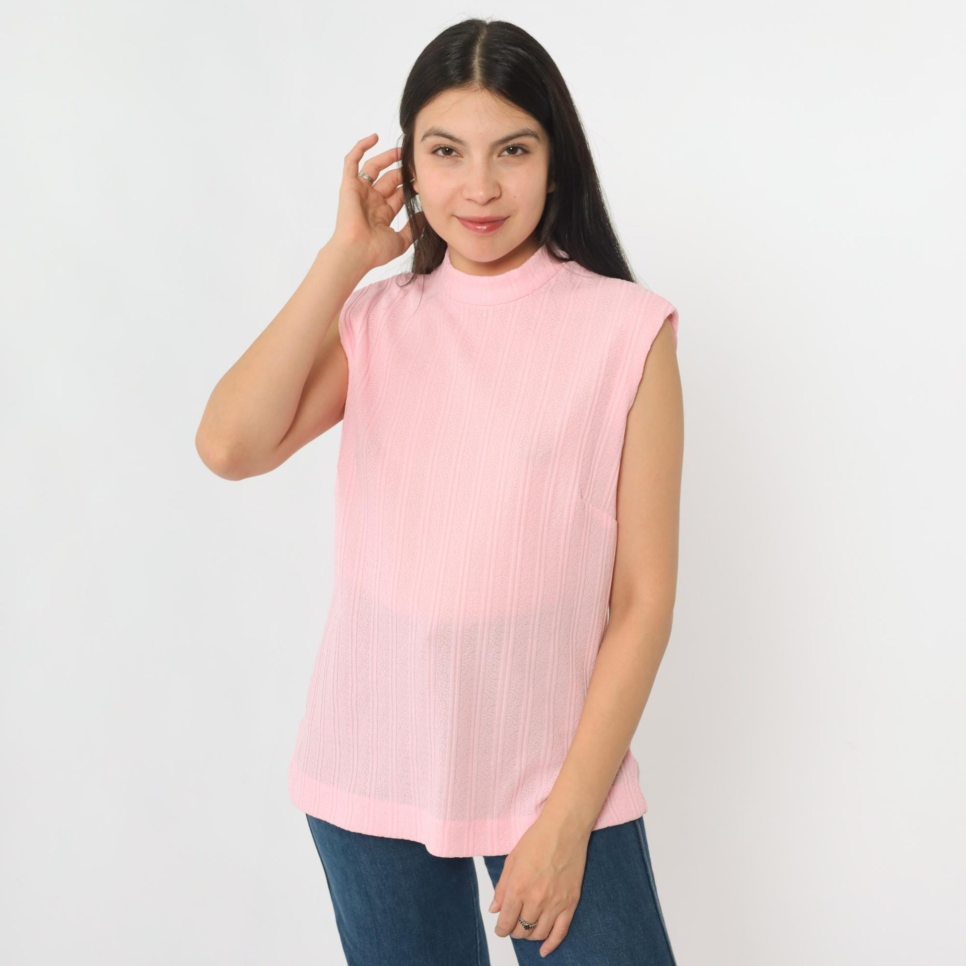 70s Pink Mock Neck Tank Top Ribbed Sleeveless Blouse Large