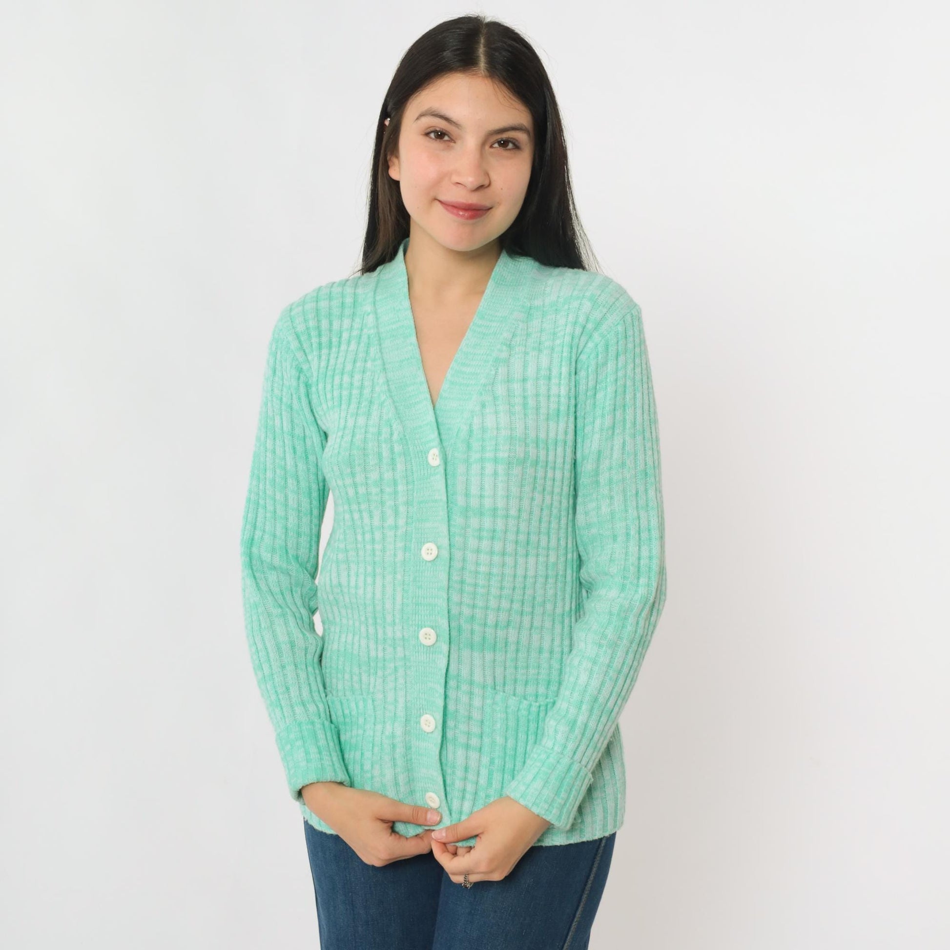 70s Space Dye Cardigan Mint Green White V-Neck Button-Up Knit Small S