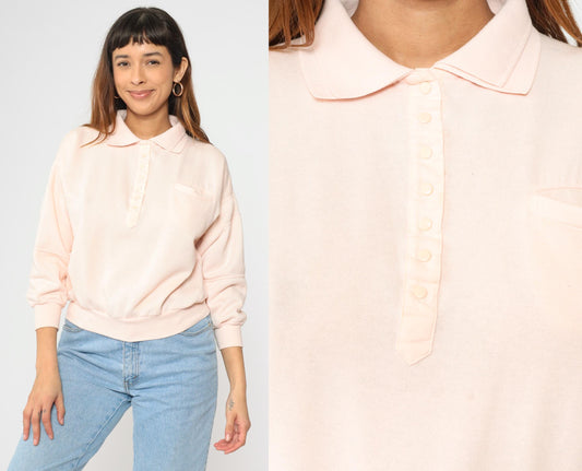 80s Baby Pink Polo Sweatshirt Vintage Collared Quarter-Snap Pullover Small