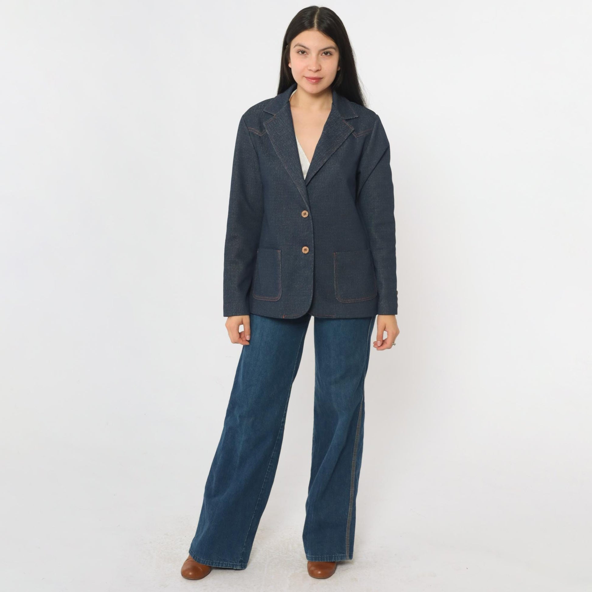 70s Dark Wash Denim Blazer Jacket Collared Button-Up Blue Medium