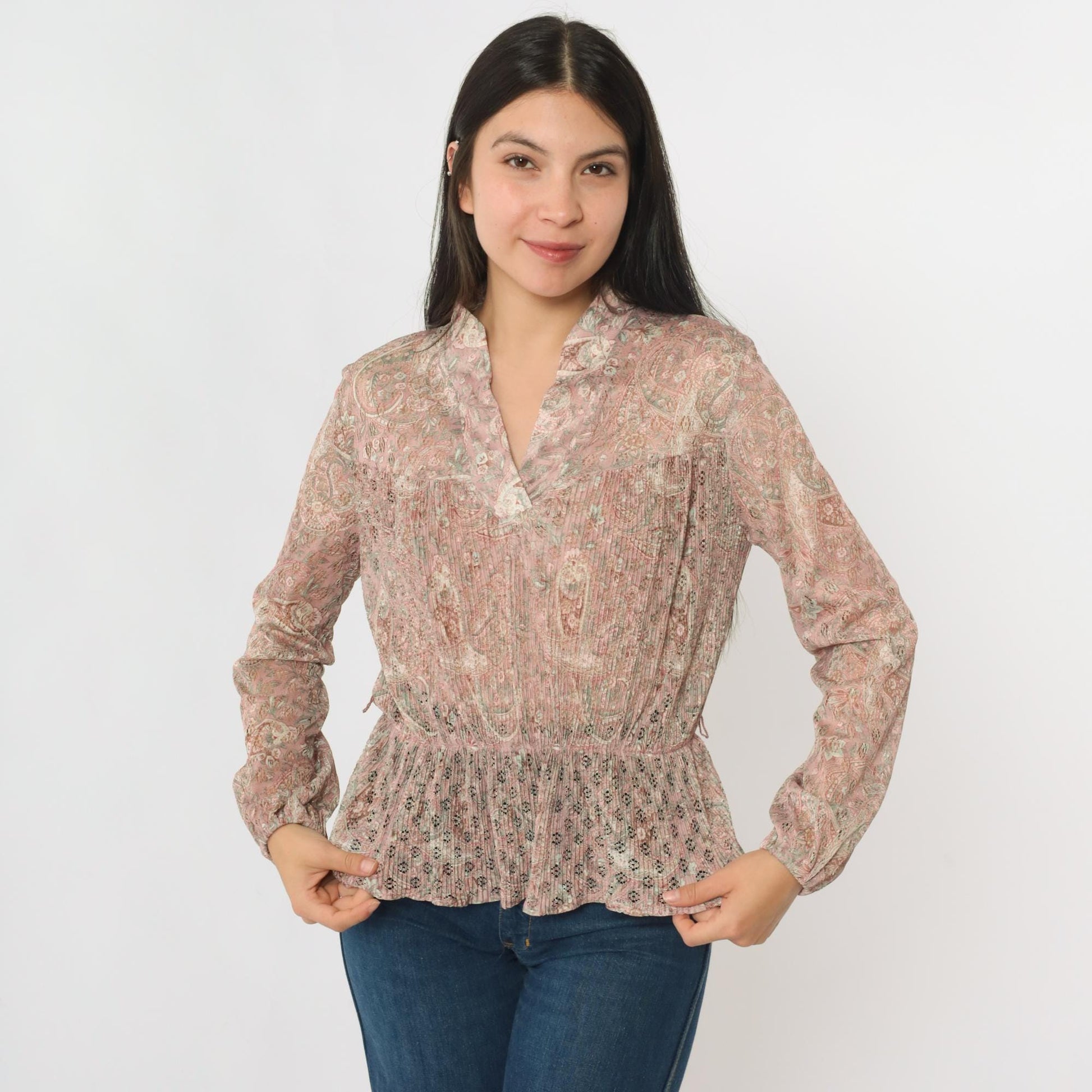 70s Pink Paisley Pleated Blouse Lace Cutouts Ruffled Collar Long Sleeve Medium